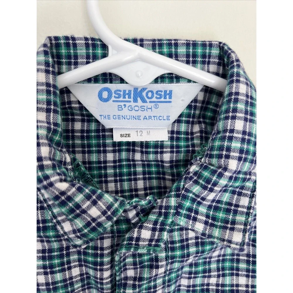 Vtg Oshkosh Vestbak Denim Bib Overalls Plaid Shirt Set Boys 12M USA RARE Plane
